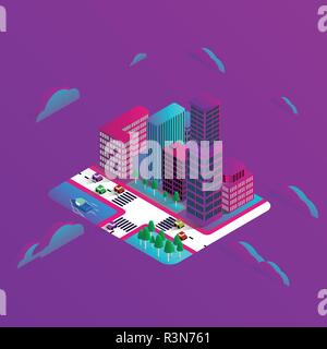 Isometric modern buildings 3D design, house, cars, tree, lake and broad. the graphics concept for your design, Vector illustrator. Stock Vector