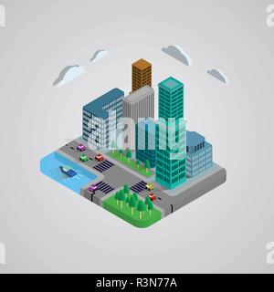 Isometric modern buildings 3D design, house, cars, tree, lake and broad. the graphics concept for your design, Vector illustrator. Stock Vector