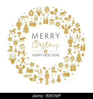 merry christmas and happy new year greeting card with golden christmas symbols on white background. Vintage typography design for xmas, new year emblu Stock Vector