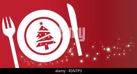 Christmas Dish Composition on red background with glittering stars. Christmas dinner invitation Vector Illustration Stock Vector