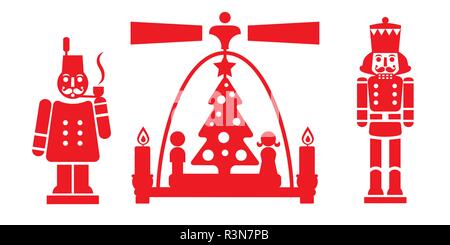nutcracker, Christmas pyramid and smoker - traditional German Christmas decorations. Locally handcrafted figurines from the Erzgebirge. Vector Stock Vector