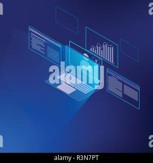 Isometric of business analysis system, management marketing, researching information for business. there are computer, video conference, graph and man Stock Vector