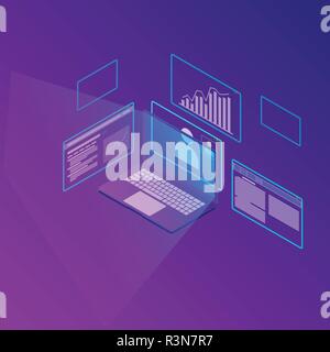 Isometric of business analysis system, management marketing, researching information for business. there are computer, video conference, graph and man Stock Vector