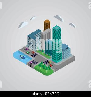 Isometric modern buildings 3D design, house, cars, tree, lake and broad. the graphics concept for your design, Vector illustrator. Stock Vector