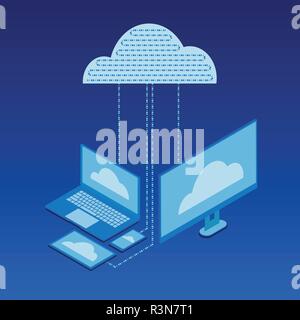 Cloud services Isometric flat icon design style modern, high data server, safety cloud service connected with smartphone, tablet and PC. Vector illust Stock Vector