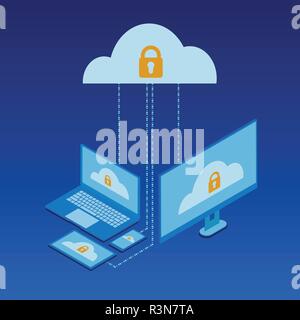 Cloud services Isometric concept design, flat icon, data server, high security  protection cloud service connected with smartphone, tablet and PC. Vec Stock Vector