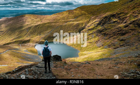 The view of Scales Tarn from Sharp Edge, Blencathra, English Lake District Stock Photo