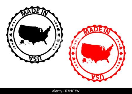 Made in USA stamp - vector, United States of America map pattern - black and red Stock Vector
