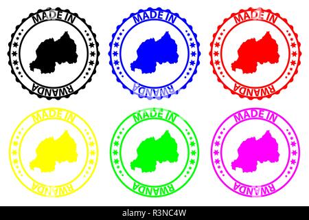 Made in Rwanda - rubber stamp - vector, Rwanda map pattern - black, blue, green, yellow, purple and red Stock Vector