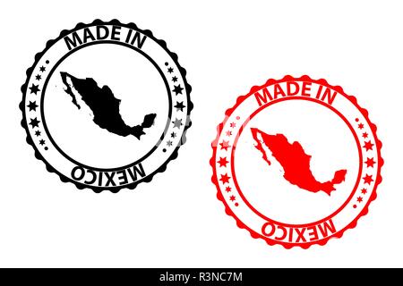 Made in Mexico stamp - vector, Mexico map pattern - black and red Stock Vector