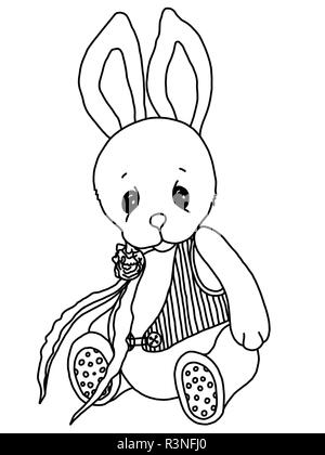 Black and white coloring. Teddy Rabbit. A toy. Drawn by hand. Black outline. Sad plush soft bear. Ink Stock Photo