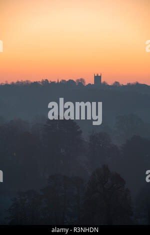St Edward's Church in Stow on the Wold at sunrise in the autumn frost. Silhouette. Stow on the Wold, Cotswolds, Gloucestershire, England Stock Photo
