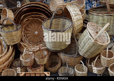 Traditional woven wicker baskets in various sizes. Stock Photo