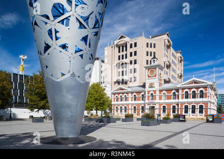 New Zealand, South Island, Christchurch, Cathedral Square, Chalice, sculpture by Neil Dawson. Former government buildings Stock Photo