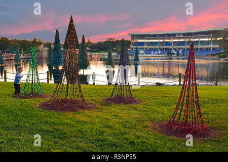 Orlando, Florida. November 17, 2018. Holidays Trees in green meadow , Christmas Trees over the lake and stadium on cloudy sunset background in Interna Stock Photo