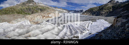 Climate | Albedo | Rhone: Huge fleece blankets cover parts of the Rhone Glacier in Switzerland in an attempt to stall the inevitable melting of the snow and ice. After a winter with record amounts of snow, most of it was gone when this image was taken on July 14th 2018, exposing the darker ice. While snow is a brilliant reflector of the energy from the sun, the darker ice absorbs the energy instead, accelerating the melting of the glacier. The color and darkness of glacier ice vary all over the world, depending on build-up of pollution, age of the ice, particles picked up by the ice and by mic Stock Photo