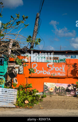 British Virgin Islands, Tortola. Capoons Bay, Bomba's Beach Shack outdoor bar signs Stock Photo