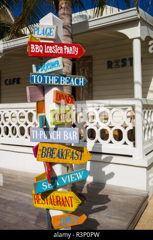 French West Indies, Saint Martin. Grand Case, gourmet capital of the Caribbean, street signs Stock Photo