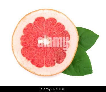 Grapefruit slice with leaves isolated on white background. Top view Stock Photo