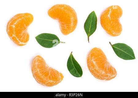 slices of mandarin or tangerine with leaves isolated on white background. Flat lay, top view. Fruit composition Stock Photo