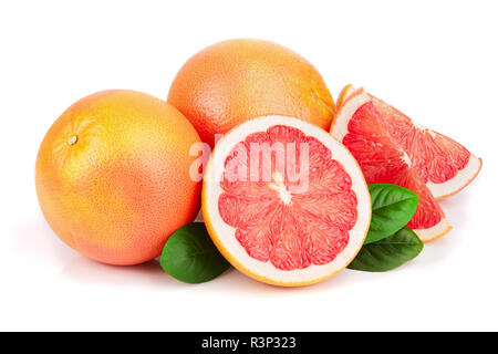 grapefruit and slices with leaves isolated on white background Stock Photo