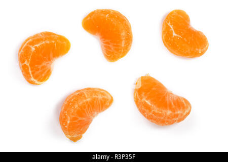 slices of mandarin or tangerine with leaves isolated on white background. Flat lay, top view. Fruit composition Stock Photo