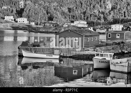 Canada, Newfoundland, Salvage. Black and white reflection of village in Bonavista Bay. Stock Photo