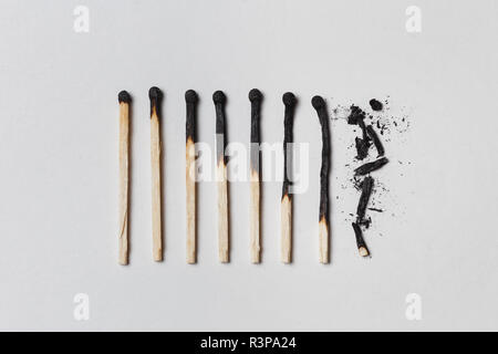 Concept of patience. A row of burnt matches, from left to right, from almost a whole match to a completely burnt match to the dust. White background, flat lay. Stock Photo