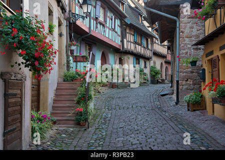 France, Alsace, Eguisheim. A cobblestone street winds between traditional architecture in Eguisheim village. Stock Photo