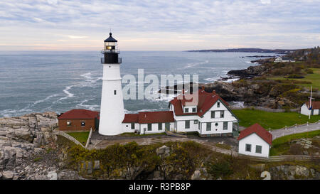 Fly around aerial view Portland Head Lighthouse State of Maine Stock Photo