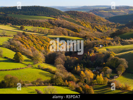 The Clun Valley, with Obley Village, seen from Black Hill, Shropshire. Stock Photo