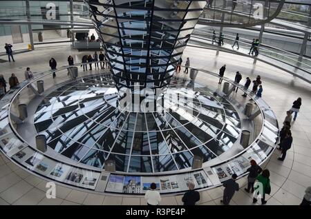 An inside view of the Reichstag dome in Berlin, Germany, looking down to the visitors and reflective glass at the base of the mirrored cone.