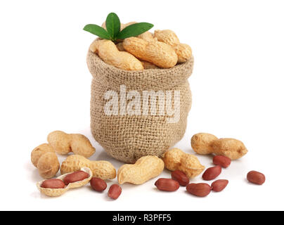 peanuts with leaf in bag isolated on white background Stock Photo
