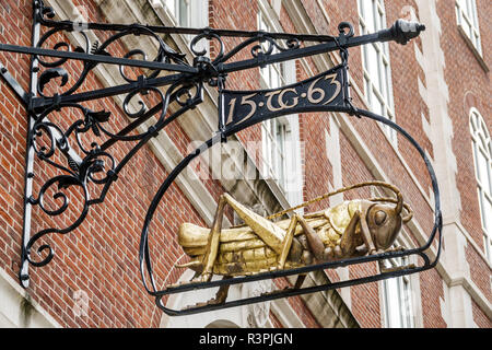 City of London England,UK Lombard Street,metal sign,Golden Grasshopper,15-TG-63,commemorates Thomas Gresham,Royal Exchange founder,UK GB English Europ Stock Photo