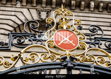 City of London England,UK Parish Church St. Saint Mary Woolnoth,Anglican church exterior,outside exterior,wrought iron gate,coat of arms Diocese of Lo Stock Photo