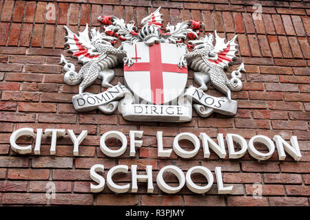 City of London England,UK City of London School,public education,exterior,coat of arms,red brick,UK GB English Europe,UK180827107 Stock Photo