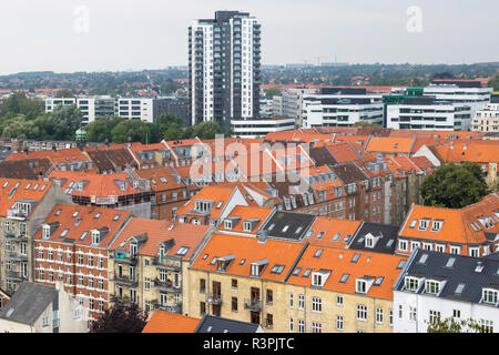 Shot from the Aros Art Museum in Aarhus, contrast of older low rise buildings in traditional colors with the new stark hi-rises. Stock Photo