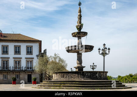The main square Largo de Camoes with the 18th Century fountain in Ponte de Lima, a town in the Northern Minho region in Portugal. Stock Photo