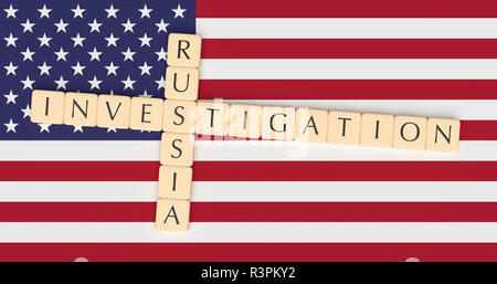 USA Politics Concept: Letter Tiles Russia Investigation On US Flag, 3d illustration Stock Photo