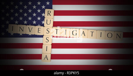 USA Politics Concept: Letter Tiles Russia Investigation On US Flag, 3d illustration Stock Photo