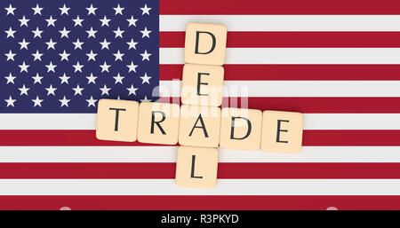 USA Politics Concept: Letter Tiles Trade Deal On US Flag, 3d illustration Stock Photo