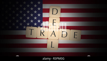 USA Politics Concept: Letter Tiles Trade Deal On US Flag, 3d illustration Stock Photo