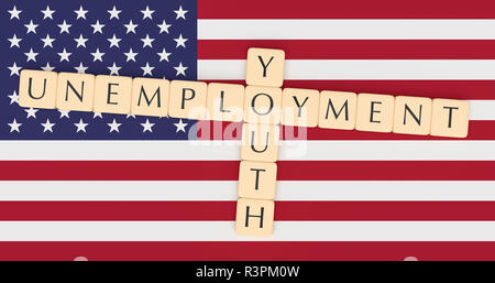 USA Politics Concept: Letter Tiles Youth Unemployment On US Flag, 3d illustration Stock Photo