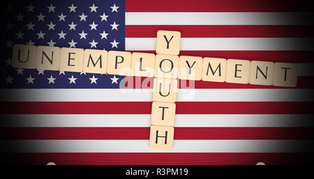 USA Politics Concept: Letter Tiles Youth Unemployment On US Flag, 3d illustration Stock Photo