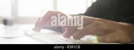 Wide view image of businessman programming using computer keyboard with bright windows in background and lens flare. Stock Photo