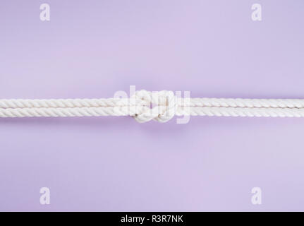 White ship ropes connected by reef knot. On light purple background Stock Photo