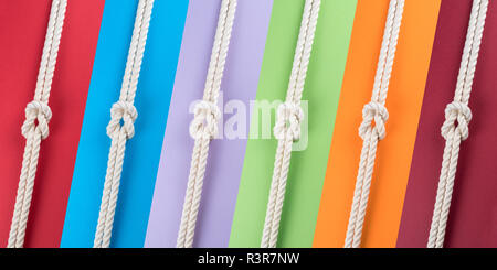 White ship ropes connected by reef knot on colored strips background. Abstract colorful composition Stock Photo