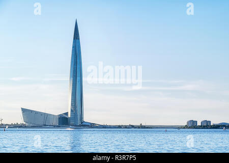 SAINT PETERSBURG. RUSSIA - JULY 08 2018. Skyscraper 'Lakhta center' (Gazprom headquarters). Sea side view against blue sky Stock Photo