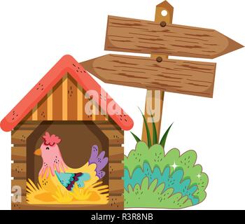 garden with wooden arrow signal and rooster vector illustration design Stock Vector