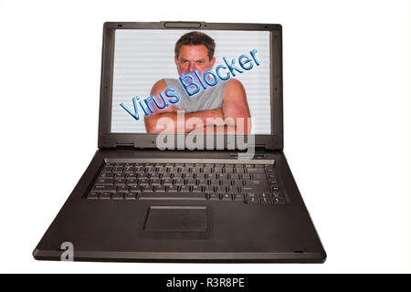 Angry man on the screen of a laptop. Concept protect your cyber identity. Stock Photo
